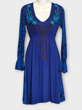 Krista Lee Embellished Dress Women’s Small Blue Boho Floral Long Sleeve